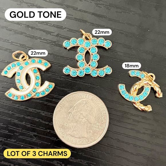 Lot of 3 Baby Blue CC Gold Tone Zipper Pull Button Charms - Picture 1 of 2